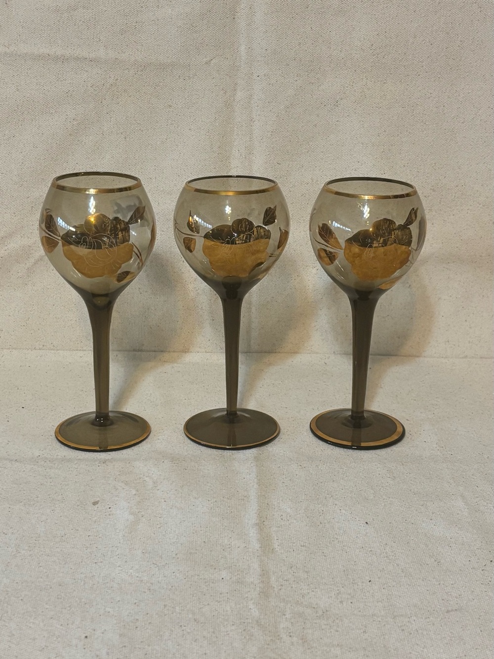Smoked Glass Wine Goblets with Gold Floral Accent - Set of 3